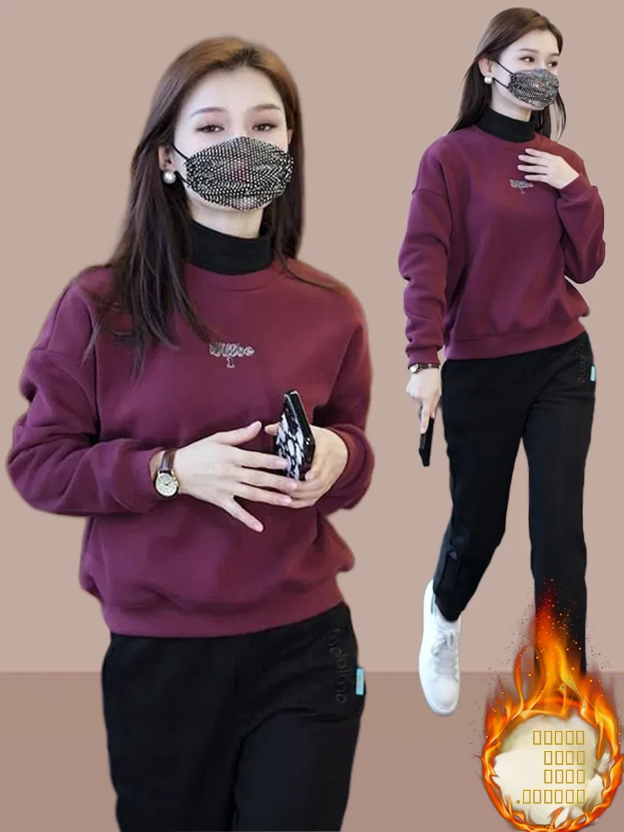 

Pure Cotton Fleece Lined Thickened Casual Sports Suit Set Women's 2026 Spring Autumn New Anti Aging Hoodie Pants Two Piece Set