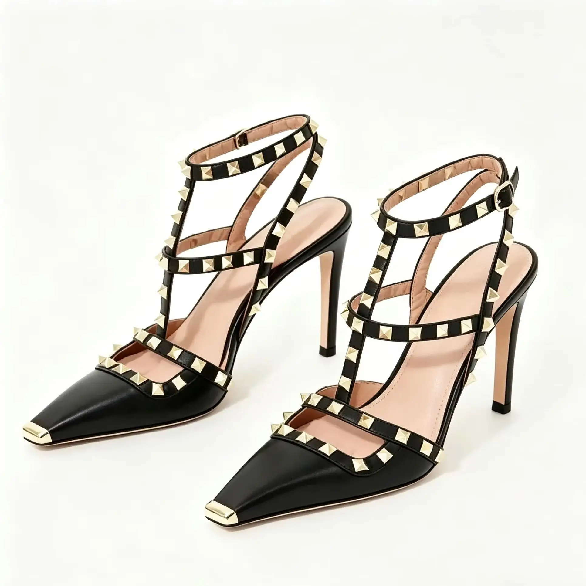 Women PU Rock Stud Cutout Strappy T‑Strap Stiletto Sandals Metal Point Ankle Buckle Rubber Sole Sexy Evening Party Daily  F139