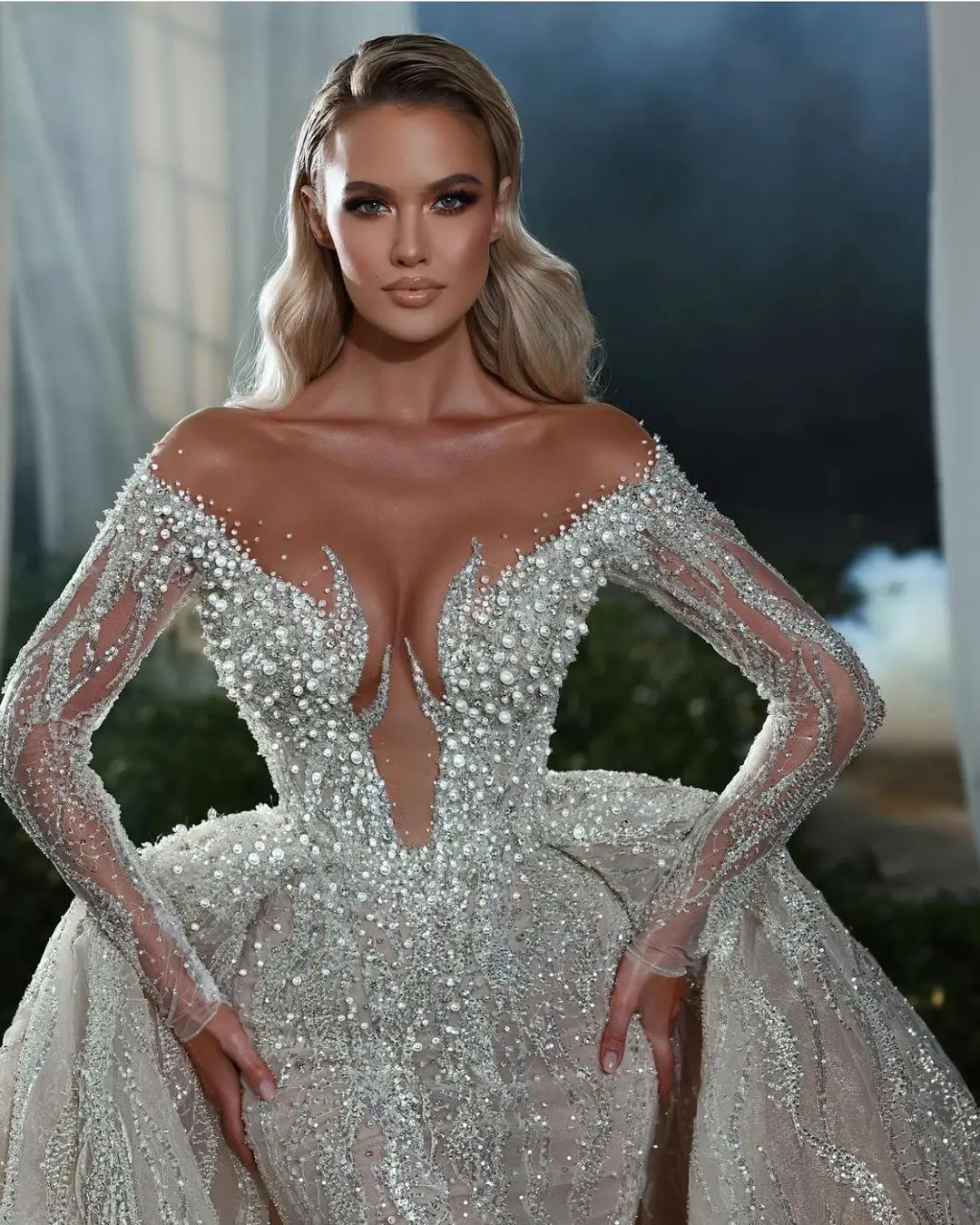 Saudi Arabia Mermaid Wedding Dresses with Detachale Train Off Shoulder Long Sleeve Beads Illusion Bridal Gowns Robe de mariée