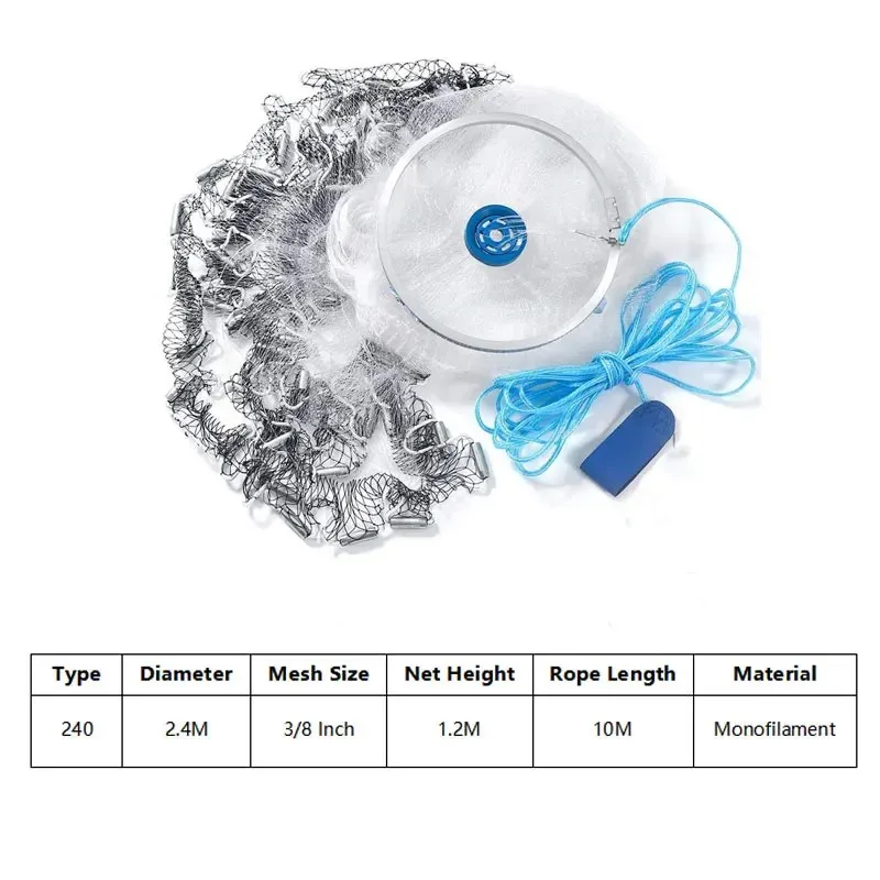 Fishing Cast Nets With Sinker 2.4m Radius Hand-Throwing Fishing Trap Nets Heavy American Small Mesh Fish Network With Shrimp Pot