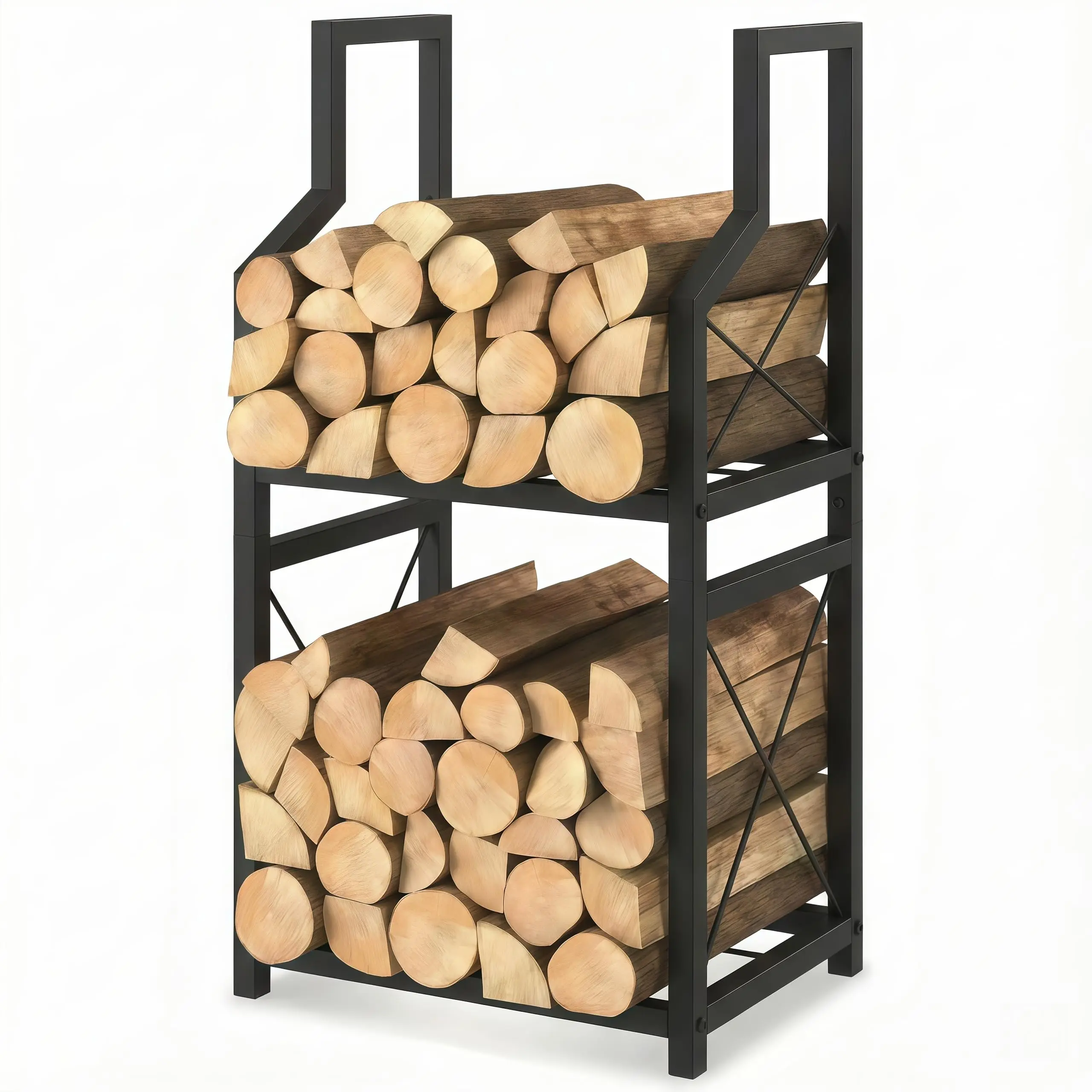 Firewood Rack Vertical Holder with Kindling Storage Heavy Duty Steel Wood Stacker Stand for Fireplace Patio Porch