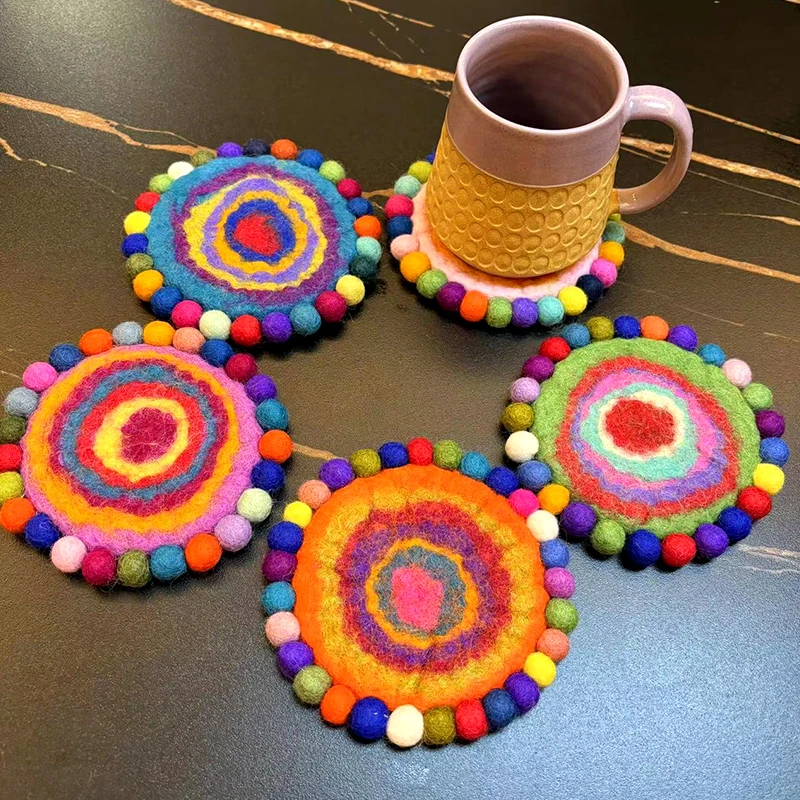 Felt Coaster Handmade Round Colorful Wool Felt Heat Resistant Pot Pad Tableware Mats Kitchen Decoration Accessories