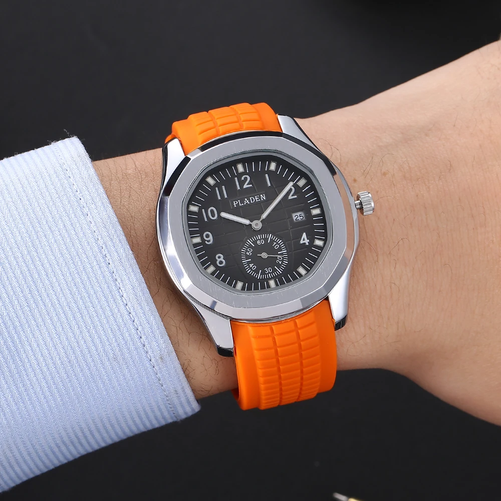 Hot Sell PLADEN Casual Quartz Watch For Men Sports Orange Silicone Strap Watches Man Fashion Grenade Waterproof Wristwatch Reloj