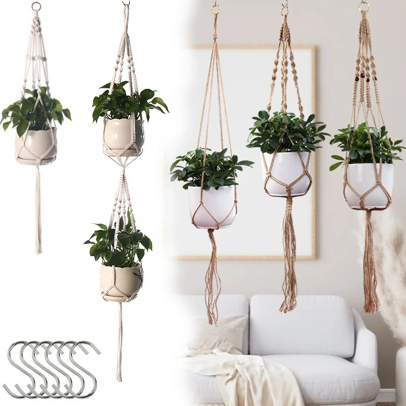 

Handmade Flower Hanging Pot Rope Net Macrame Plant Hanger Flower Pot With S Hook for Home Wall Garden Decoration Courtyard