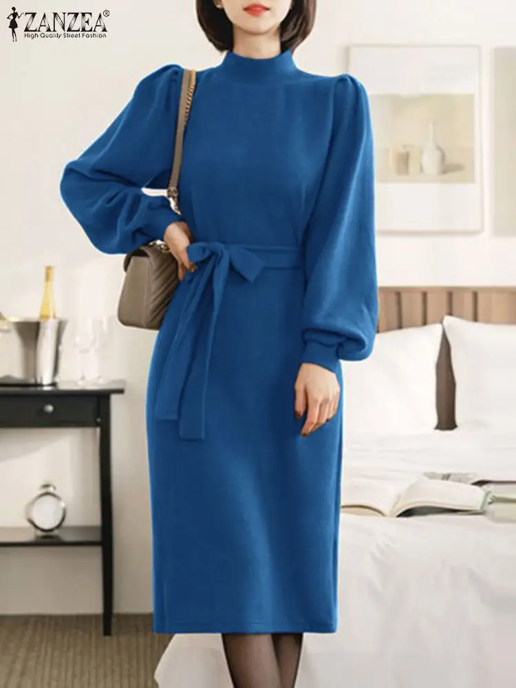 

ZANZEA Women Fashion Solid Stand Collar Dress Winter Midi Robes 2023 Vintage Belted Fleece Dresses Casual Long Sleeve Vestidos