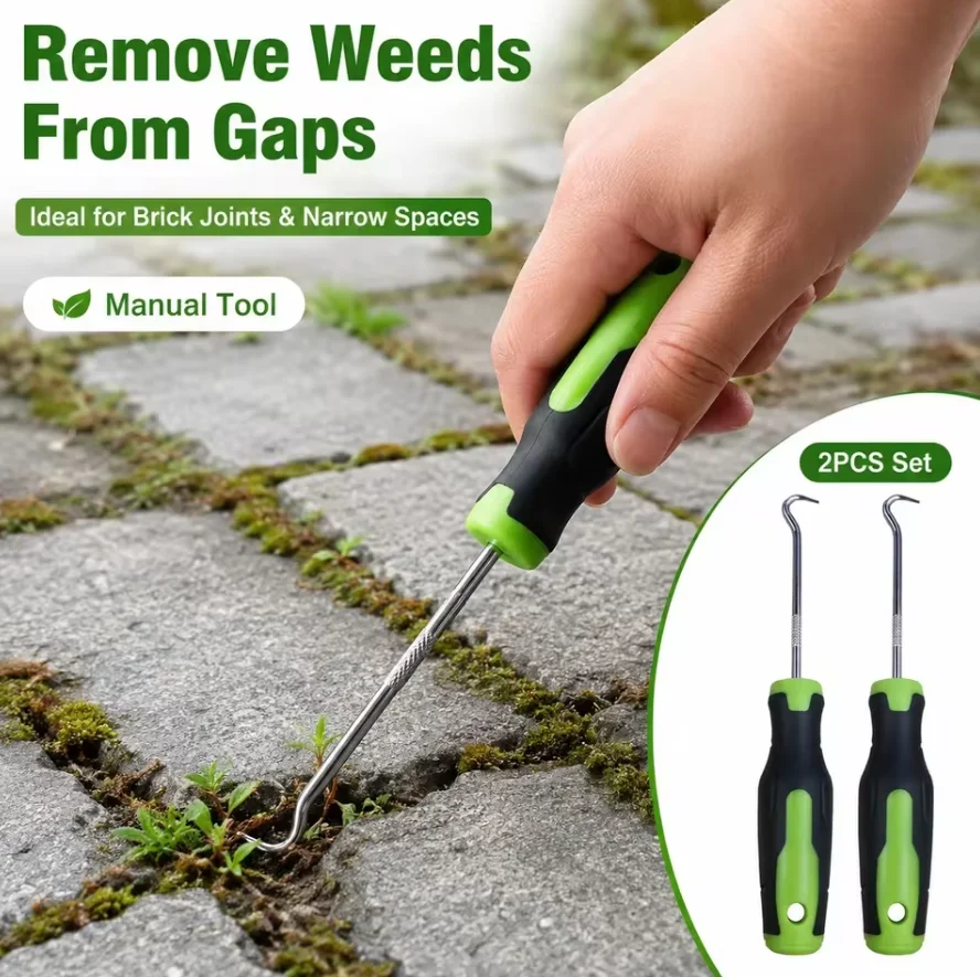 2Pcs Manual Weed Hook Tool Set, Stainless Steel Moss Weed Remover Hand Tool, Great for Patio, Driveway, Tile Gap, Lawn Weed Clea