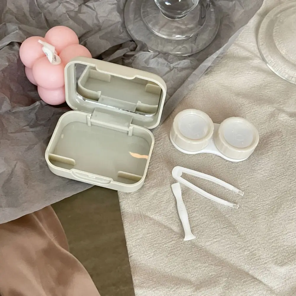 Macaron Color Contact Lens Case Kit Mini Square with Tweezers and Suction Stick Contact Lens Inserter with Mirror Solid Color