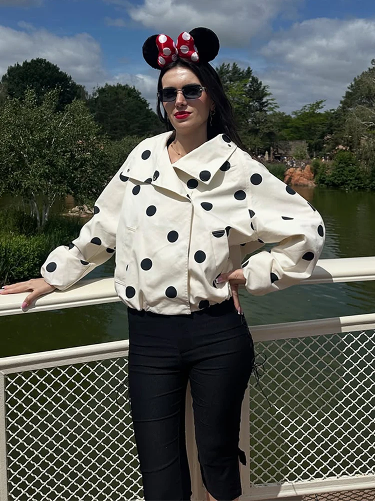 Gepunkteter Mantel mit Knöpfen und Stehkragen für Damen, Street-Style, Laternenärmel, Taschen, Locker Sitzende Jacke, Schicke Damen-Oberbekleidung, Neu – Detail 5