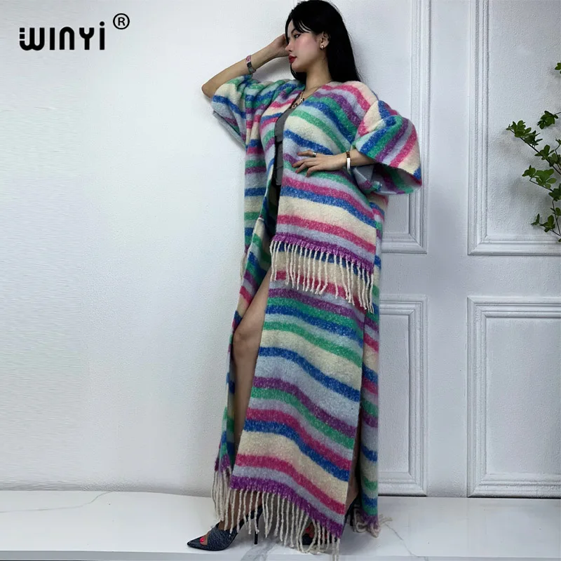 WINYI winter catwalk coat for women stripe print tassel Luxury Long Fur Loose OverCoat Thick Warm long down coat fashion jacket