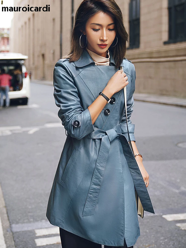 Lautaro Spring Autumn Classy Blue Faux Leather Trench Coat for Women Belt Elegant Luxury Designer Clothes Runway Fashion 2022