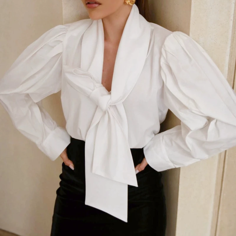 Women Autumn New Hot Selling Luxury Bow Tie Loose Pure Cotton White Blouse Basic Inner Wear Top Trendy Chic Daily Casual
