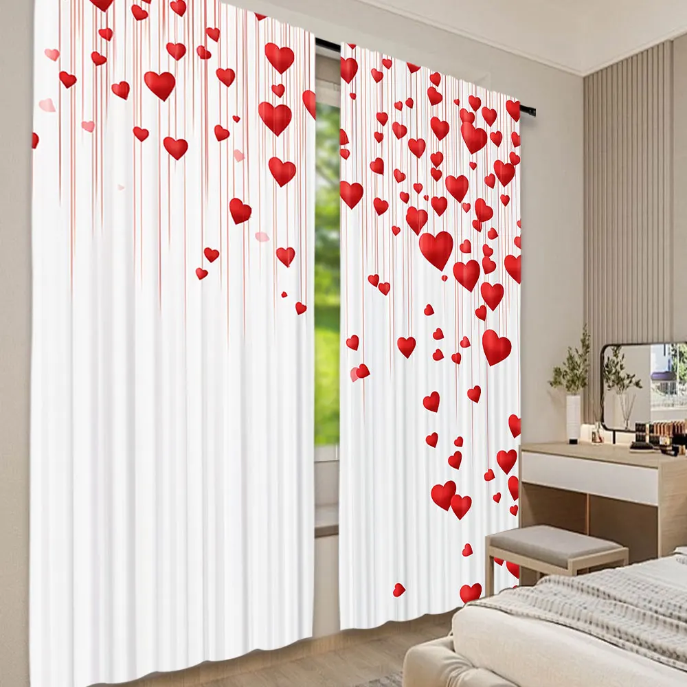 2Pcs Cute Valentines Day Curtain Valentine\'S Red Pink Heart Love Decor Curtains For Decoration Suitable For Living Room Bedroom
