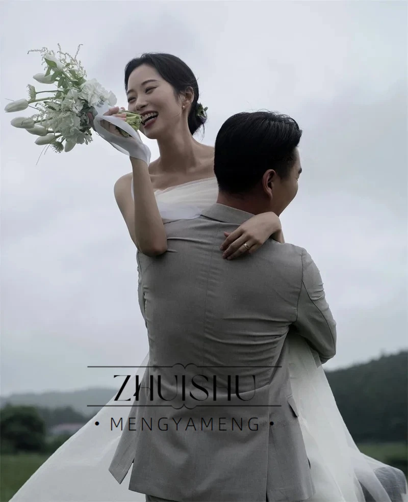 ZHUISHU Simple A Line Silk Organza Pleat Wedding Dresses Korea Photo shoot Strapless Bolero Bridal Gowns Corset Back Customized