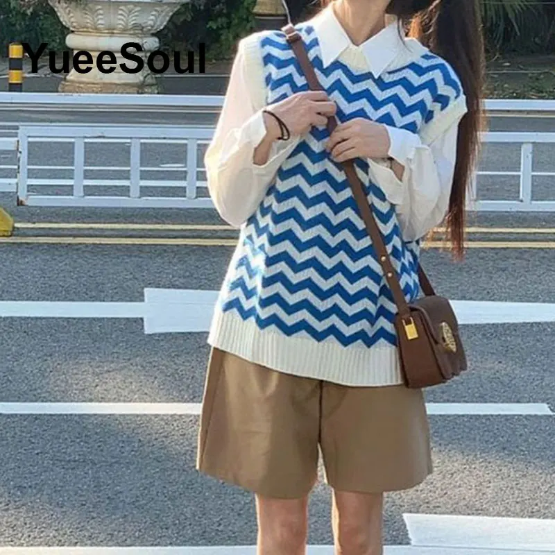 Blue Argyle Women's Vest Plaid Sleeveless Pullover Loose Knitted Sweater Vest 2025 New Autumn Y2K Casual Oversized Waistcoat