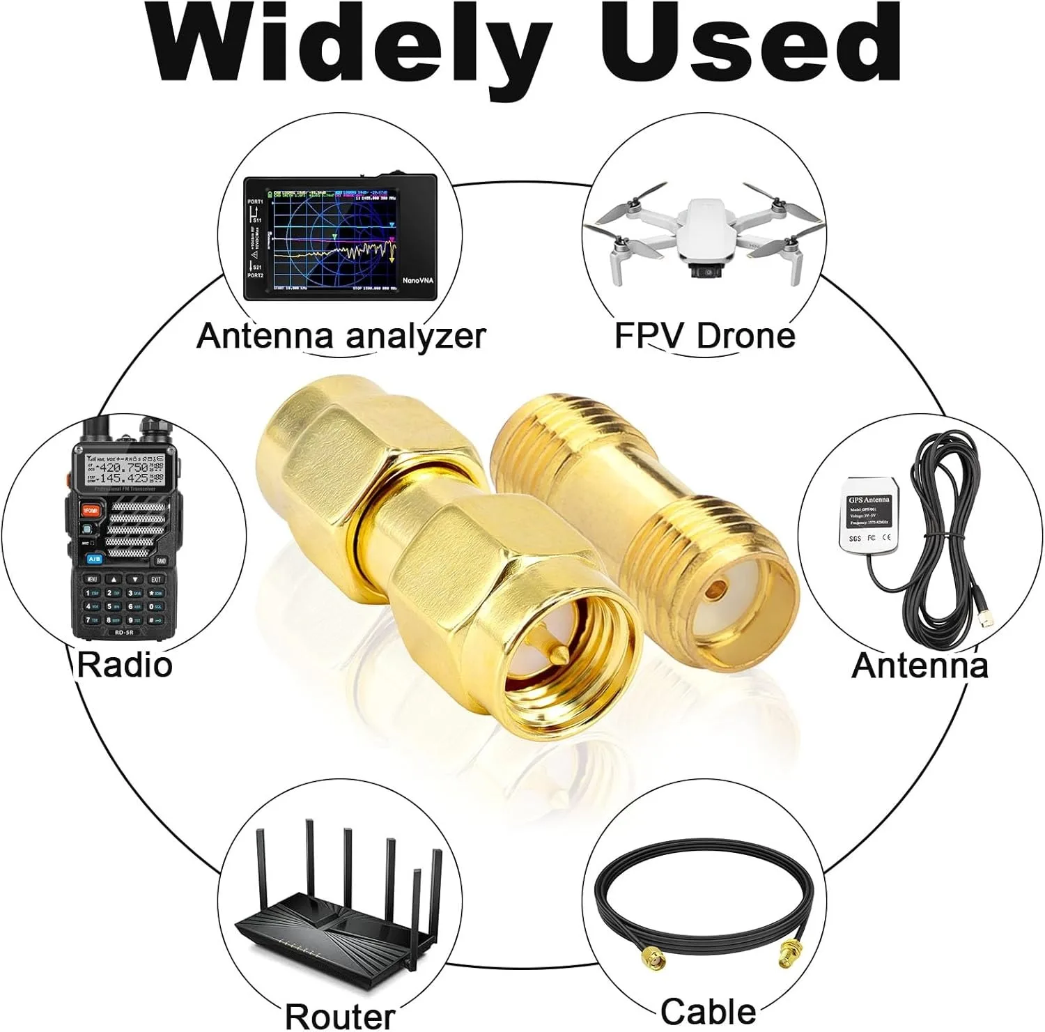 Connettore SMA RP maschio a maschio femmina a femmina Adattatore SMA RF | Ottone placcato oro per antenna, Baofeng, Yaesu, telecamera IP, FPV, audio