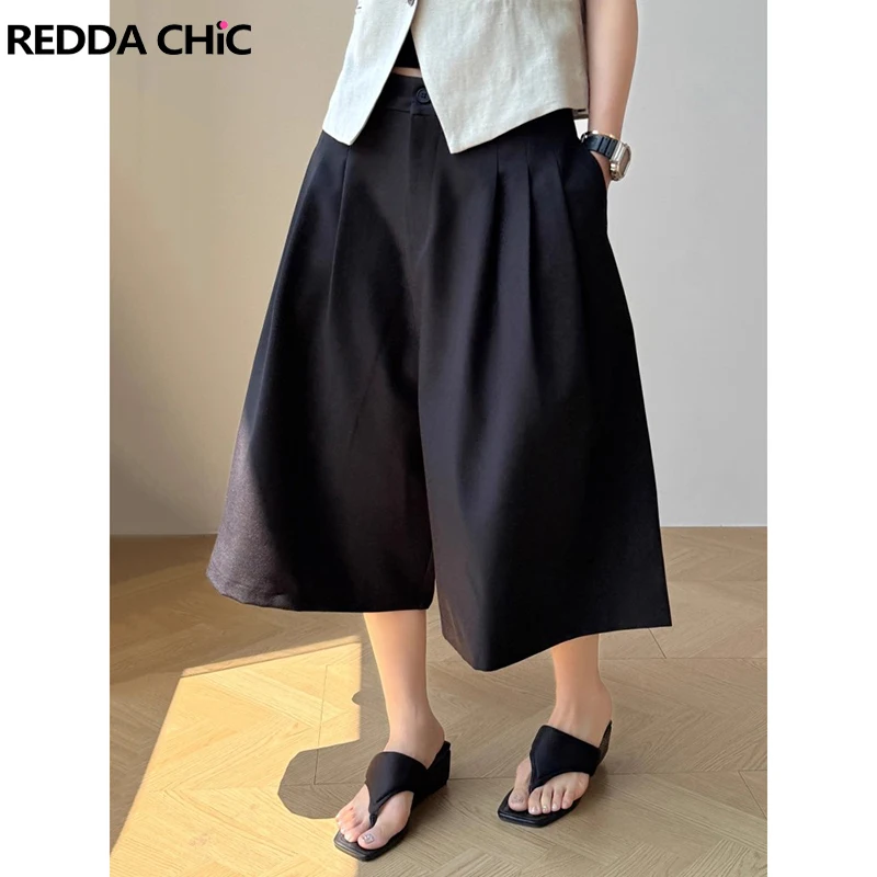 REDDACHiC Black Bermuda Pants with Pockets Women Office Work Cleanfit Plain Pleats Wide Leg Shorts Summer Dressy Casual Bottoms
