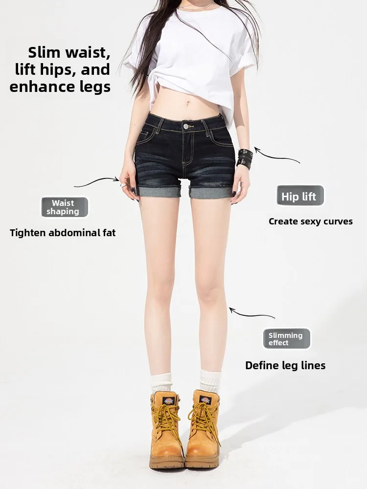 American Retro Cuffed Denim Shorts Women Summer Low Waist Elastic Slim Fit No Butt A-Line Wrap Hot Pants Casual High Elastici...