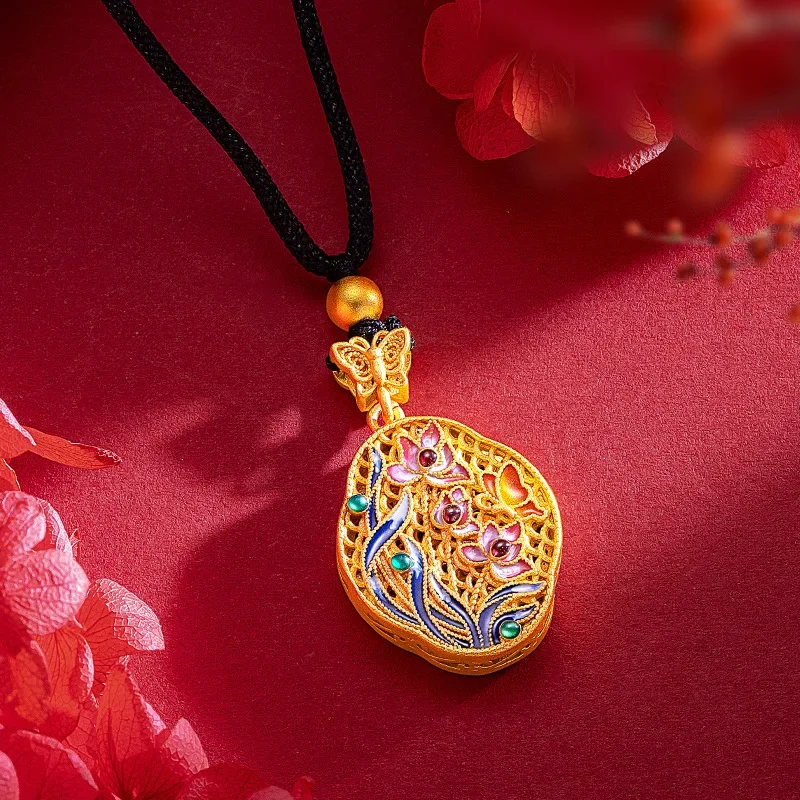 Ethnic Style 9999 24K Real Gold Floral Orchid Butterfly Pendant for Women Antique Style Enamel Orchid Heart