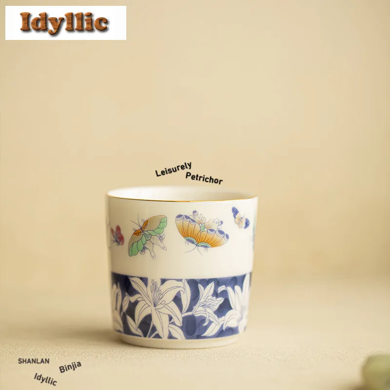 120ml Blue And White Butterfly Dance Lily Teacup Retro Tea Bowl Single Cups Tea-tasting Fragrance Cup Chazhan Master Cups Teaset