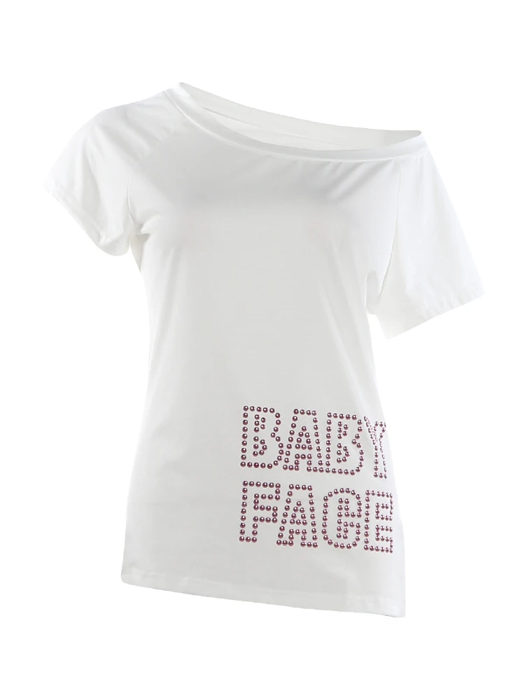 Sisterlinda Musikfestival T-Shirt für Damen mit Schriftzug-Dekoration, schrägem Kragen, kurzen Ärmeln, lässig, sommerlich, klassisch, schlicht, Streetwear – Detail 2
