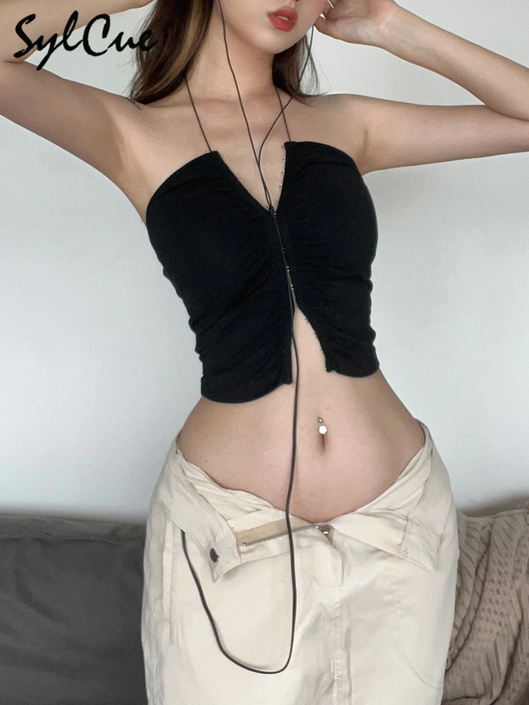 Sylcue 블랙 섹시 얇은 섹션 심플 캐주얼 올매치 스트리트 쿨 오픈 자신감, 핫 성숙한 여성 레이스업 미니 조끼