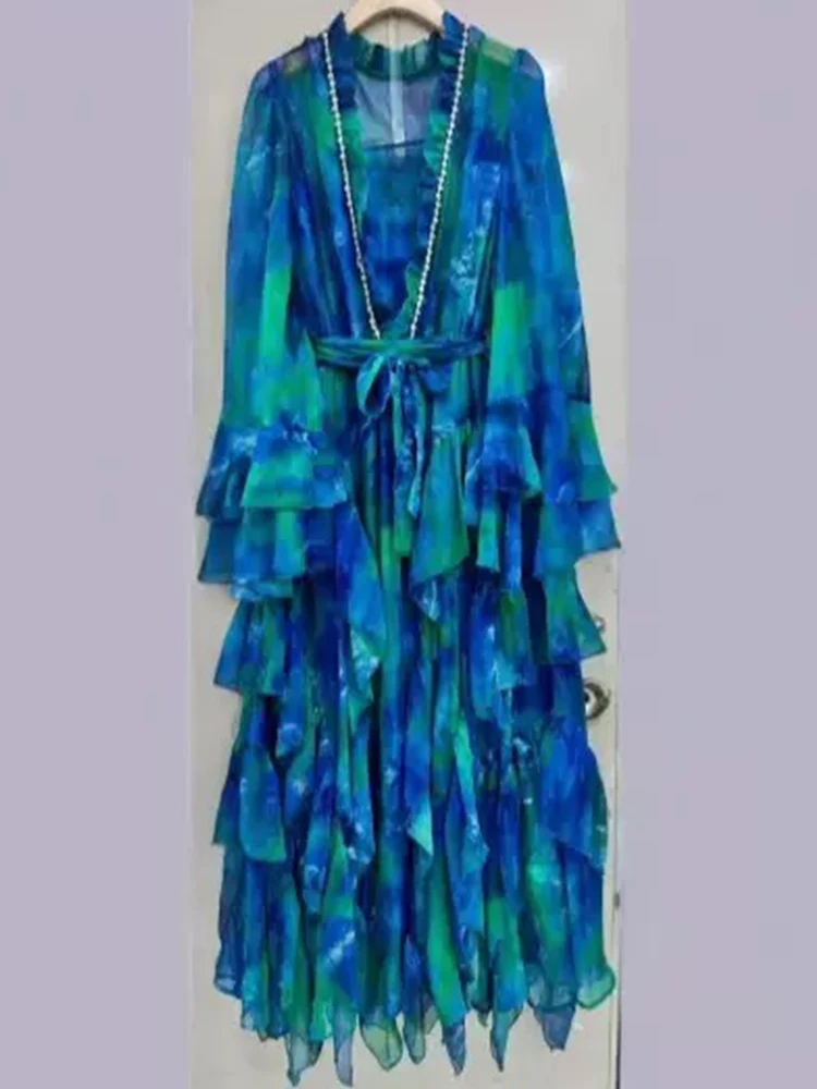 Primavera/verão 2025 novo vestido de manga comprida com decote em v com estilingue estampado elegante renda cintura camada de orelha de madeira sobre camada babados longo sk