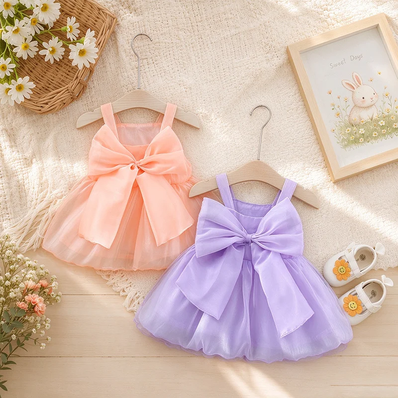 Summer Baby Girl Birthday Party Princess Mesh Evening Dresses Sweet Solid Color Bow Knot Sleeveless Lightweight Children Clothes