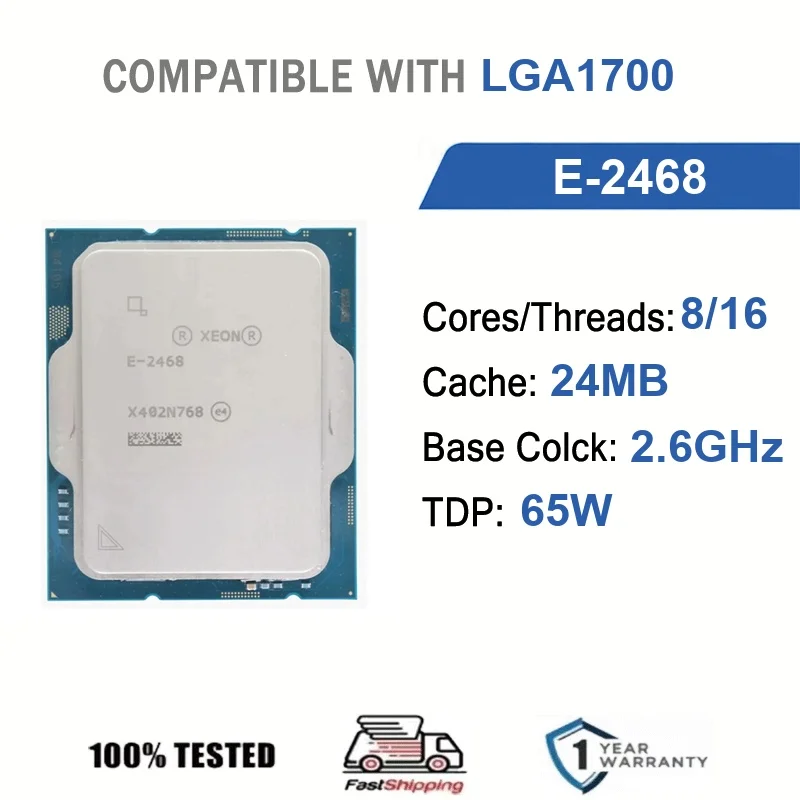 

Intel Xeon E-2468 8 Core 16 Thread 2.60GHz 65W 24MB Cache 10nm LGA1700 SRMX8 DDR5-4800 MHz Raptor Lake