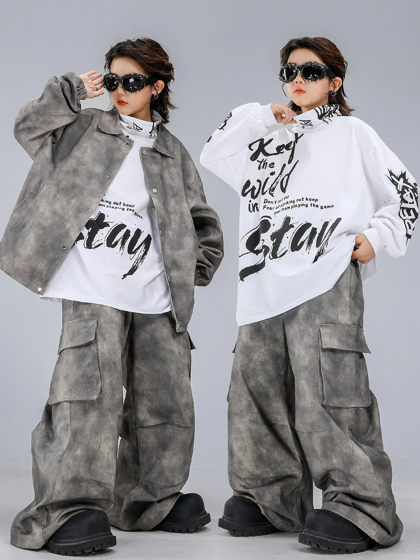 Children Boy Girl Streetwear Hip Hop Loose Casual Cargo Jacket Pant Sets Kids Coat Trousers Suits Costume Dancer Clothes Costume