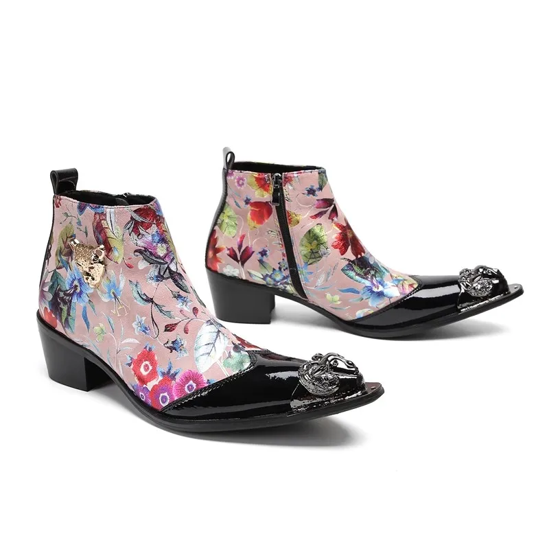 Personalized Red Prints High Heel Men's Boots Metal Pointed Toe Luxury Design Youth Performance Banquet Ankle Boots