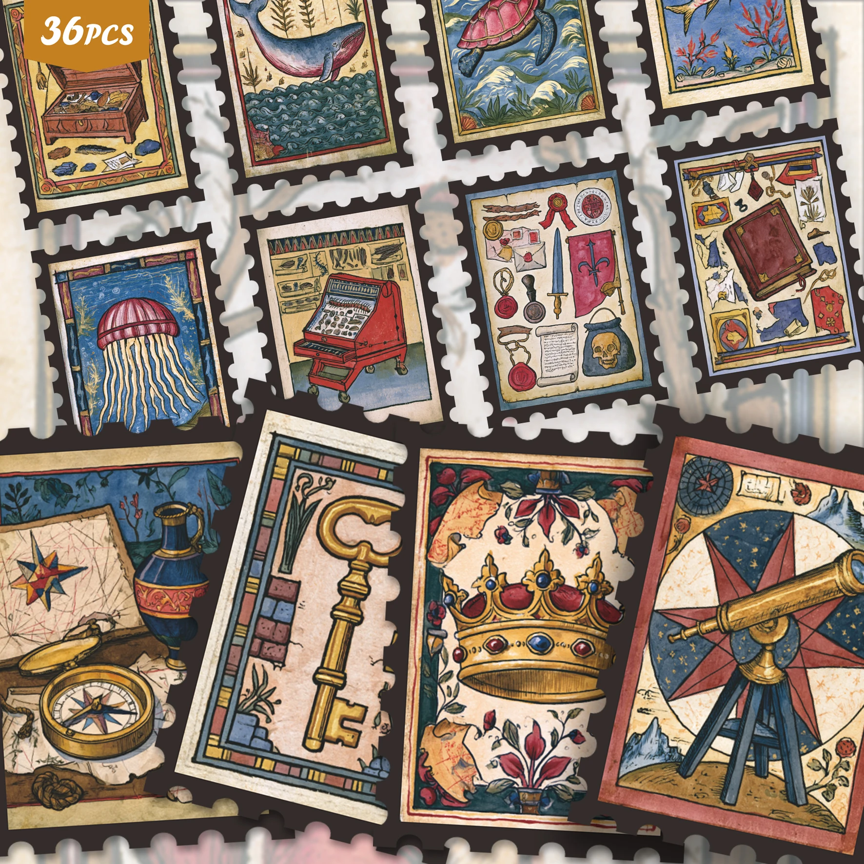 36PCS Antique Curiosity Stickers for laptops, Old Map & Gem Patterns, Ideal for Journaling & Handmade Card Making