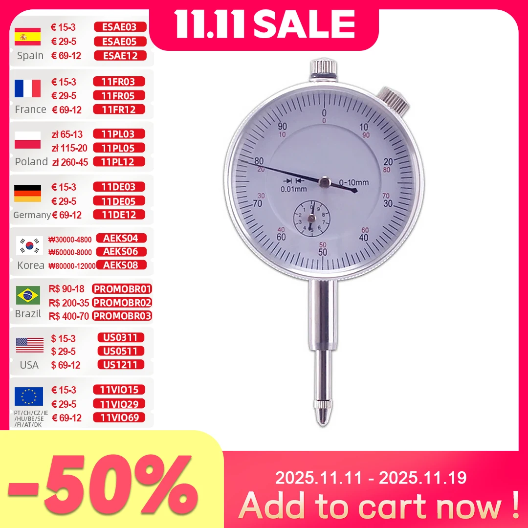 Allsom Alat Ukur Mikrometer 10/0, 01Mm Indikator Dial Bulat Instrumen Ukur Mikrometer Digital Kontak Vertikal HT1605