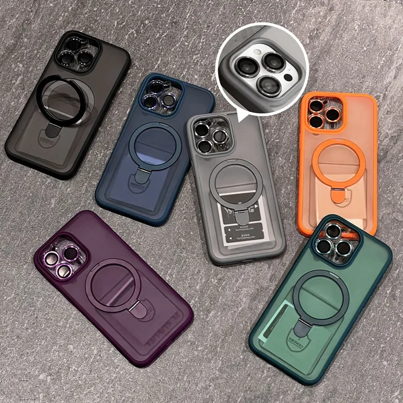Matte magnetische Hülle mit Metallringständer für Magsafe IPhone 15 14 13 12 11 Pro Max Plus IPhone 13 mit Objektivschutz Mac Safe Cover