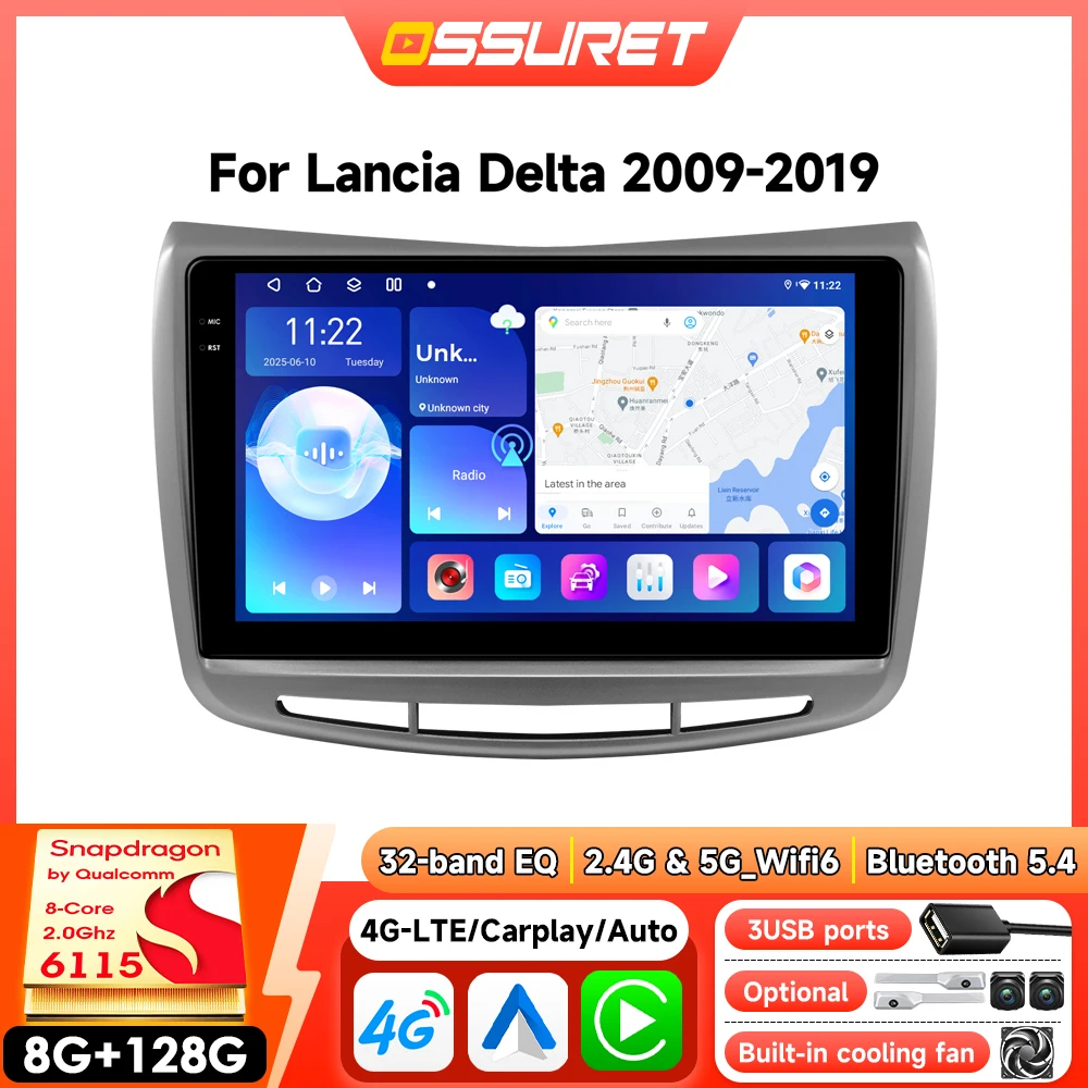 2DIN Android Autoradio für Lancia Delta III 2009-2019 Multimedia Wireless Carplay Auto 6115 Intelligenter Bildschirm-Player GPS 360Cam
