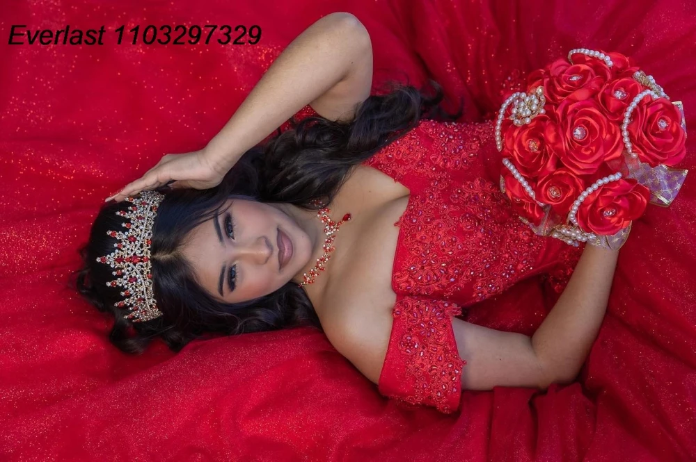EVLAST-Vestido De quinceañera rojo personalizado, Vestido De baile De encaje brillante, apliques De flores, corsé con cuentas, dulce 16, Vestido De 15 Anos QD1166