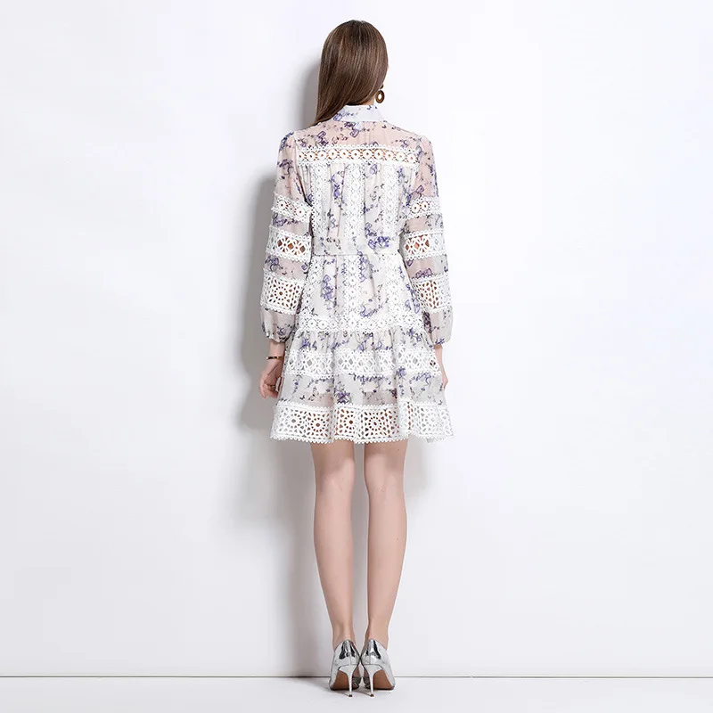 Retro Feel Print Lace Scava fuori Lungo Sve Dr Design impiombato Poliestere lavorato a maglia Inverno Thiened Vita ampia Dr. da donna