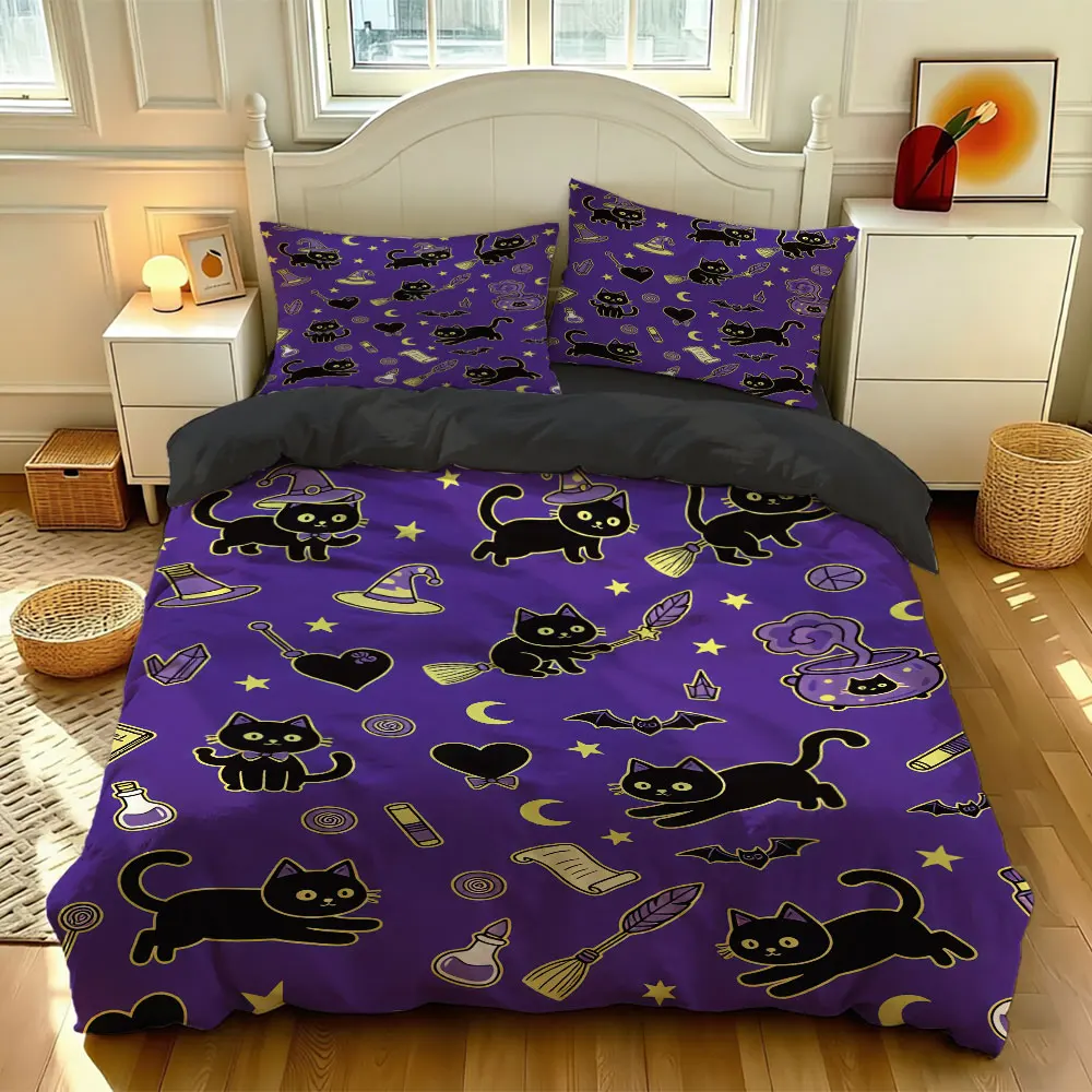 3pc Halloween Black Cat Wizard-Print Bedding Set, without a filling, Made of Soft Materials for Bedding Use