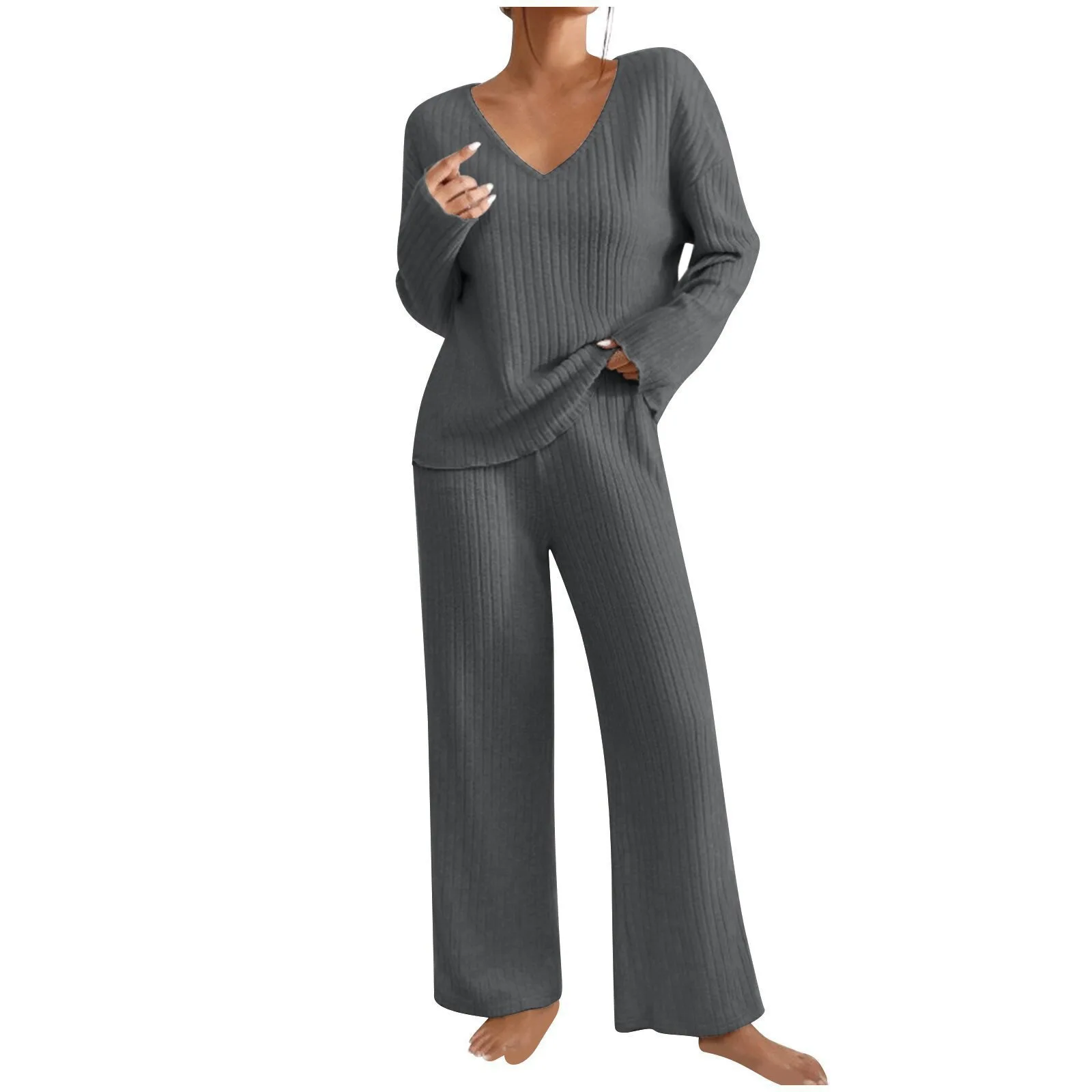 Damen Geripptes Strick-Zweiteiler-Set V-Ausschnitt Langarm-Oberteil Weite Hose Herbst Locker Lässige Loungewear Eleganter Hausanzug – Detail 15