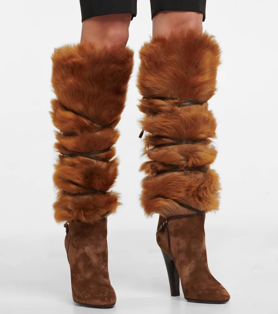 Luxe Brown Suede Stiletto Knee-High Boots Brown Faux Fur Lace-Up Detail Pointed -Toe Winter Women's High Heels Boots