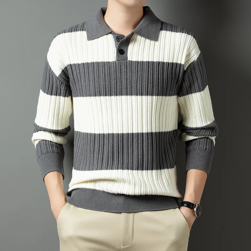 

Men’s Color-coded Striped Casual Trendy Loose Turn-down Collar Long Sleeve Knitted Sweater Pullovers Autumn Winter Male Clothes