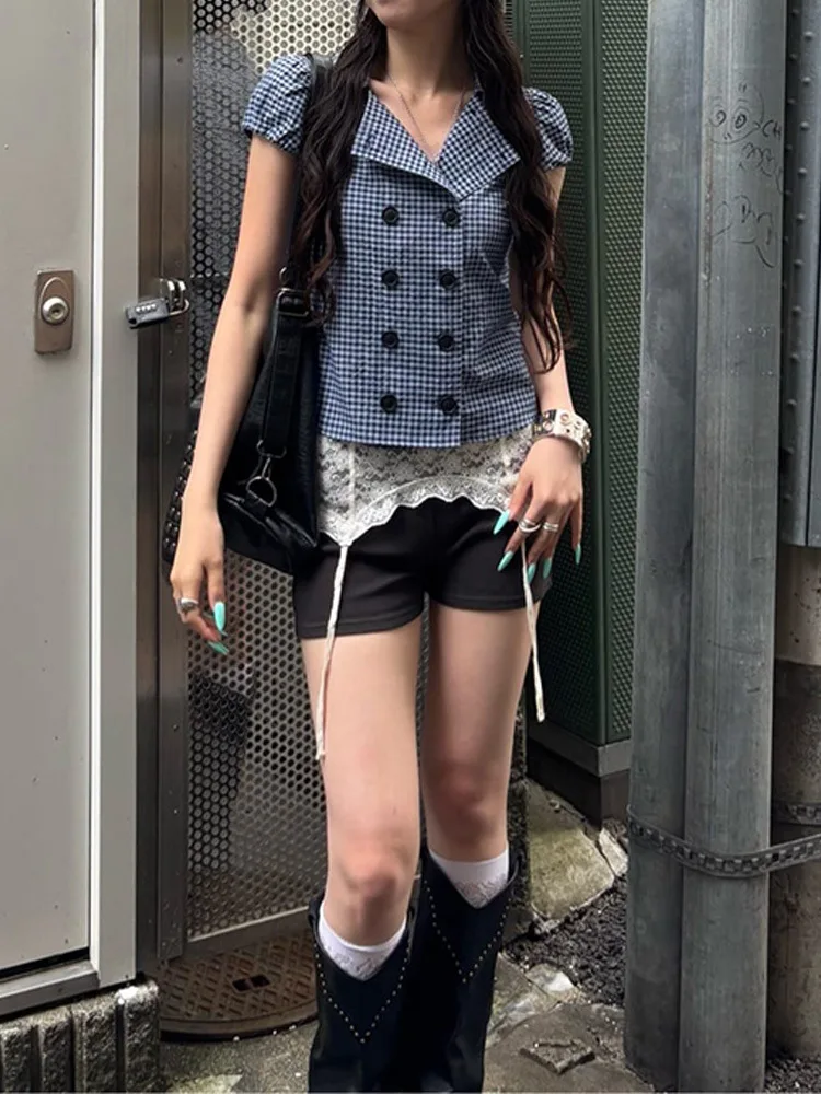 Women Plaid Short Sleeve Blazer Shirt Lapel Double‑Breasted Cropped Top Vintage Checkered Slim Blouse