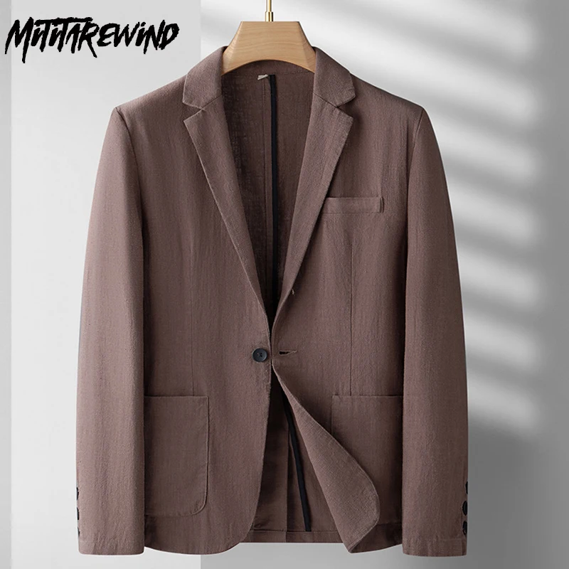 Korean Fashion Mens Summer Jacket Commute Causal Mens Blazer Solid Color Single Button Cotton Ramie Jackets Breathable Male Suit