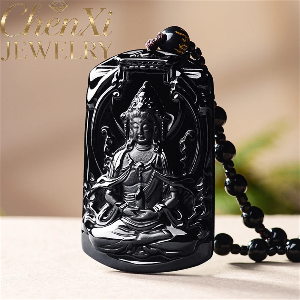 High Natural Genuine A-Grade Black Jadeite Pure Vase Guanyin pendant Chinese Style Lucky Protection Fine Jewelry Gift Souvenir