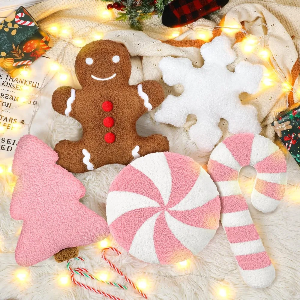 

Christmas Decorative Pillows Set: Tree, Gingerbread Man, Snowflake, Stripe Candy Cane, Peppermint Cushions