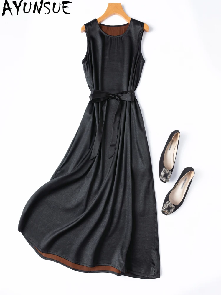 

AYUNSUE 93% Mulberry Silk Jumper Skirt Woman Round Neck Elegant Dresses for Woman Clothes Black Dress Long 2025 Summer New