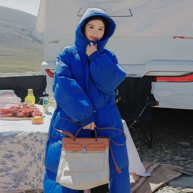 2023 New Women Down Cotton Coat Winter Jacket Female Long Over The Knee Parkas Loose Thick Outwear Solid Color Hooded Overcoat