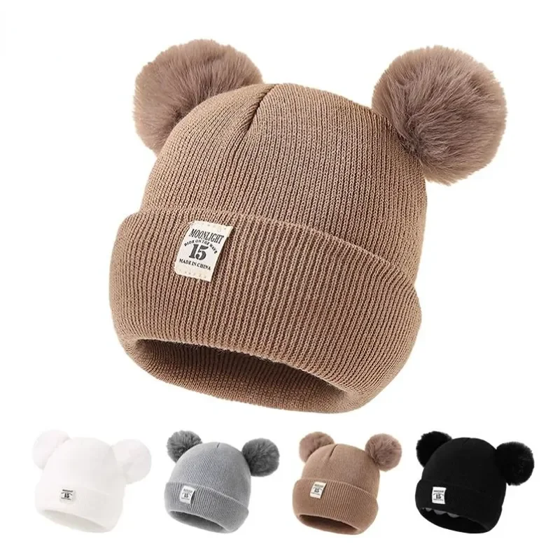 Gorro de punto de lana de Color liso para bebé recién nacido, gorro con pompón, bonito gorro de invierno para niños y niñas, gorro cálido para niños