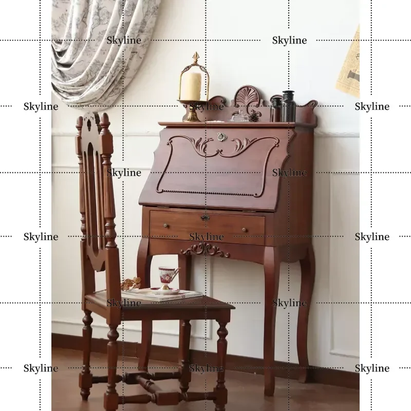 Retro Solid Wood Dressing Table with Drawer Leaf Roll Pattern Engraved Decoration Antique Makeup Desk Multi-functional