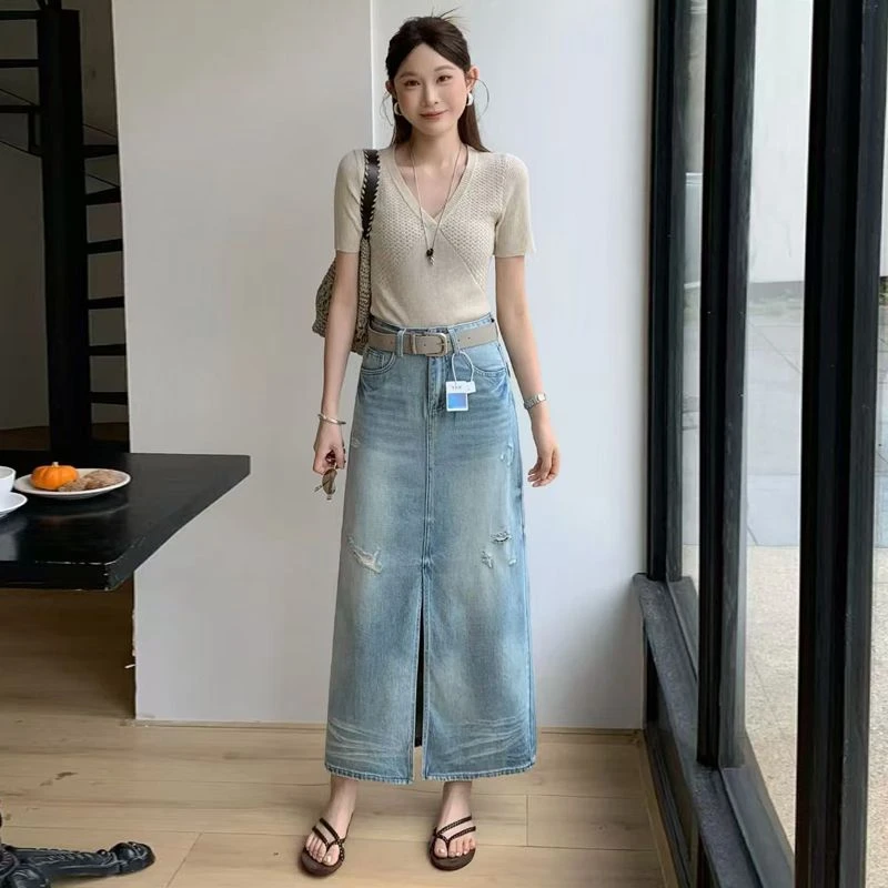 ZHISILAO New Vintage Classic Blue Skirts Women Elegant Y2K Long Denim Skirts Spring Summer 2026