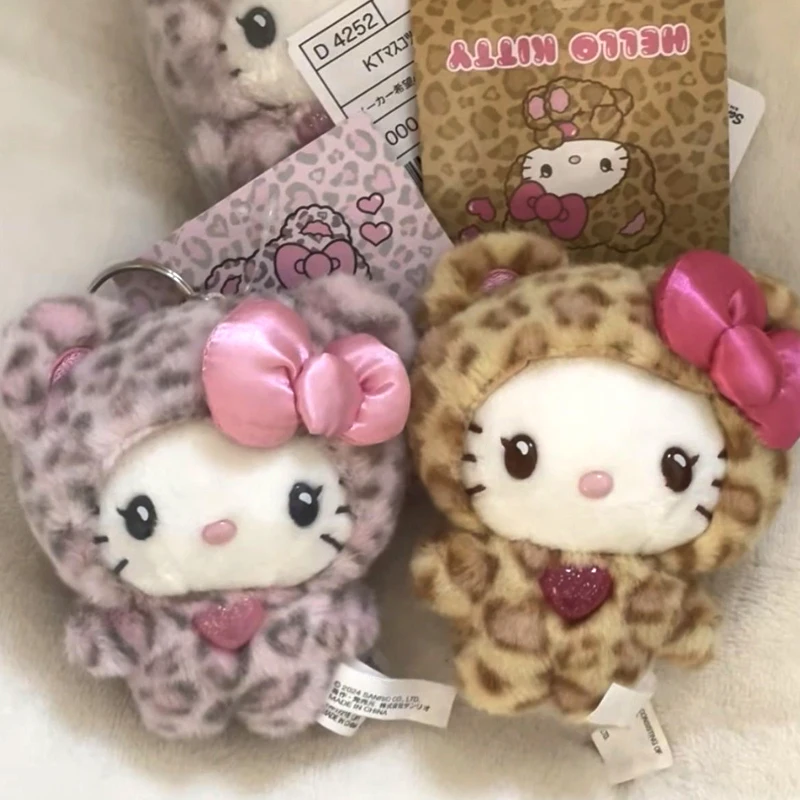 Colgante de Bolso Vintage de Hello Kitty con Corazón de Leopardo Rosa, Llavero Kawaii de Dibujos Animados, Regalos de Cumpleaños, Accesorios de Anime